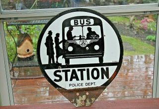 Antique Double Porcelain Enamel Advertising Sign Bus Stop Police Public Service