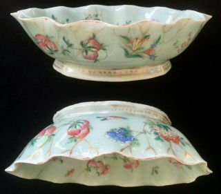 2 Antique Chinese Celadon - Glaze Lobed Bowls - Tongzhi Mark - Raised Foot Ring