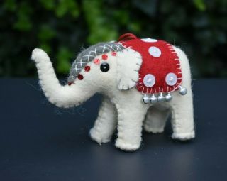 Vtg Raw Wool Felted Elephant Christmas Ornament White Red Blanket Sequins Fancy