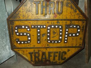 Vintage Yellow Black Marble Reflector Stop Sign Embossed Letters