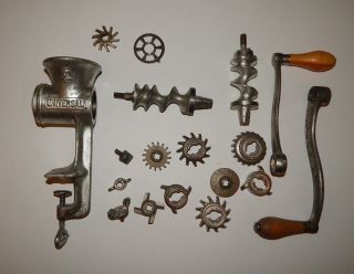 Vtg Universal Metal Food Chopper Meat Grinder 2 W/ Blades,  Metal & Wood Handle
