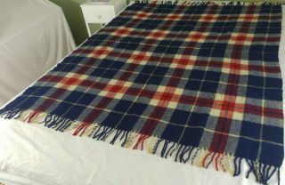 100 Wool Stadium Blanket Red White Blue Plaid Fringe Patriotic Usa 51 " X68 " Vtg