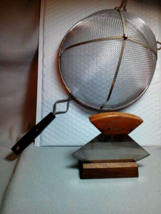 " Metal Strainer " W/ Wooden Handle & Vintage Wooden Handle/ Base Food Chopper