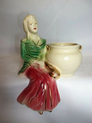 Unique Vintage Porcelain Ceramic Figurine Of Woman W/ Pot Vase Shelf Sitter