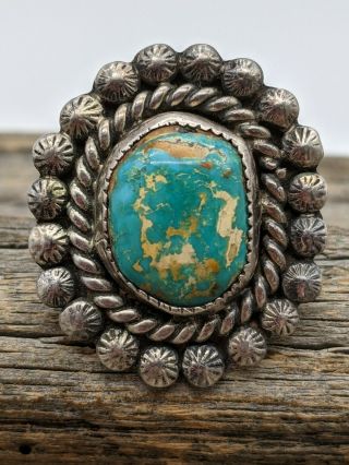 Stunning Vintage Navajo Sterling Turquoise Concho Stamped Ring Sz 7.  5 Signed Wf
