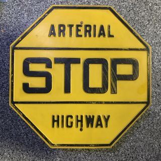 1930’s Arterial Highway Stop Sign Yellow Black Embossed 24”x24” Vintage Antique