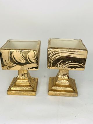 Set Of 2 Mcm Swetye Salem Ohio 23k Gold Weeping Footed Pedestal Vase Dishes